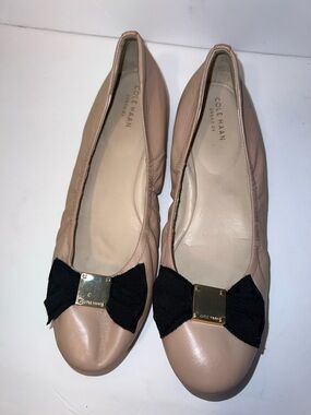 Cole Haan Nude Leather Bow Ballet Flats with Black Ribbon